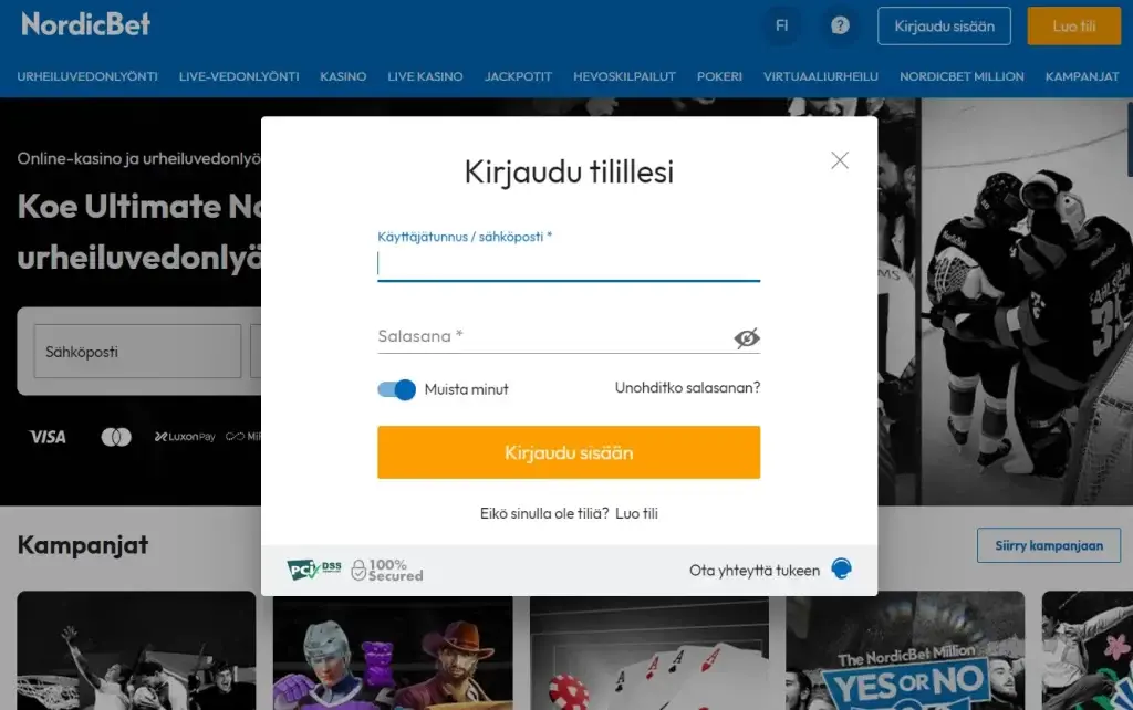 NordicBet Log In sivu